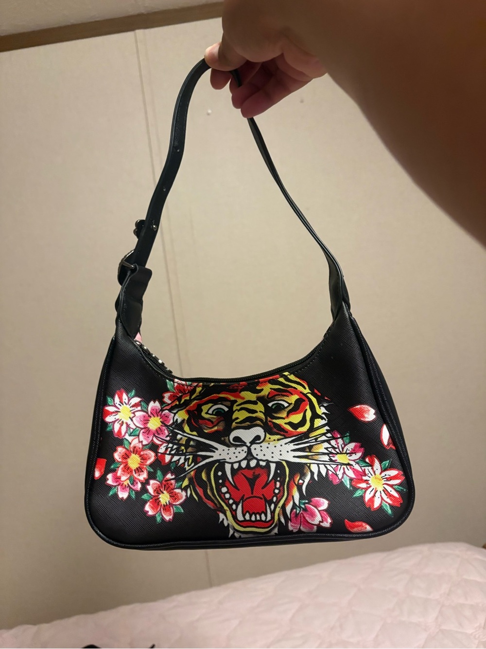 Ed Hardy Black Shoulder Bag with Vibrant Tiger & Floral Graphic